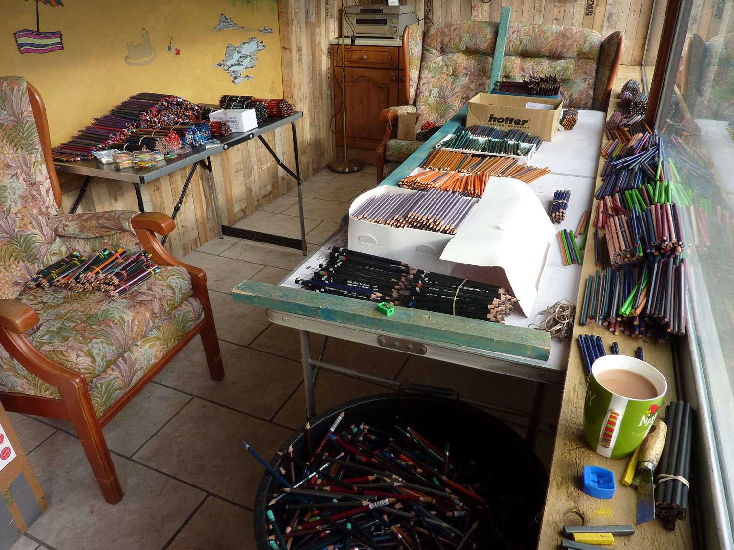 pencils ready for packing into shoe boxes